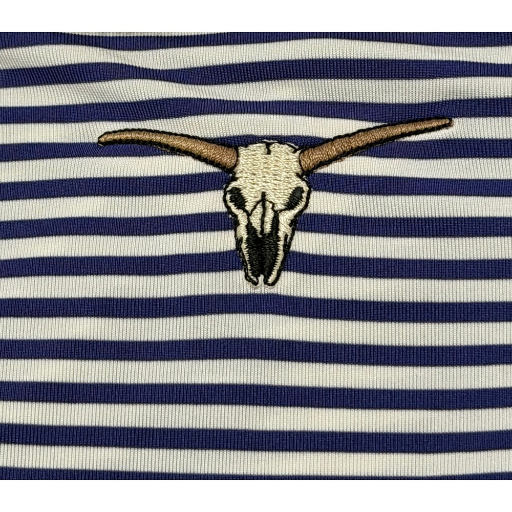 RLX Ralph Lauren Mens sz L Golf Polo Shirt Blue White Striped Longhorn Skull - Picture 4 of 6